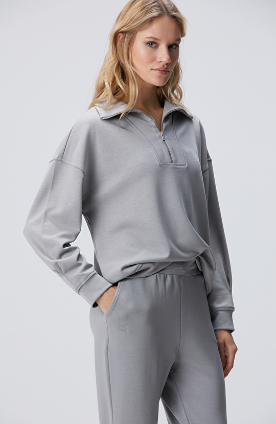Gri Fermuarlı Sweatshirt