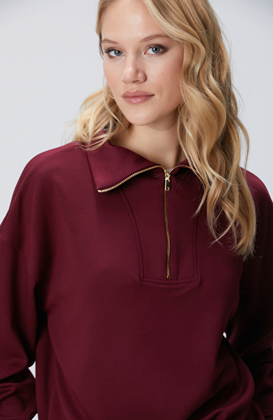 Bordo Dik Yaka Fermuarlı Sweatshirt