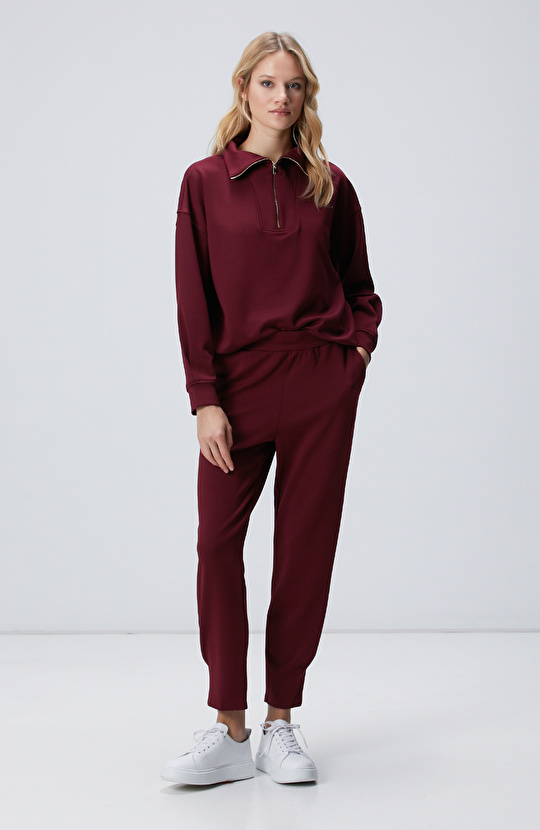 Bordo Dik Yaka Fermuarlı Sweatshirt