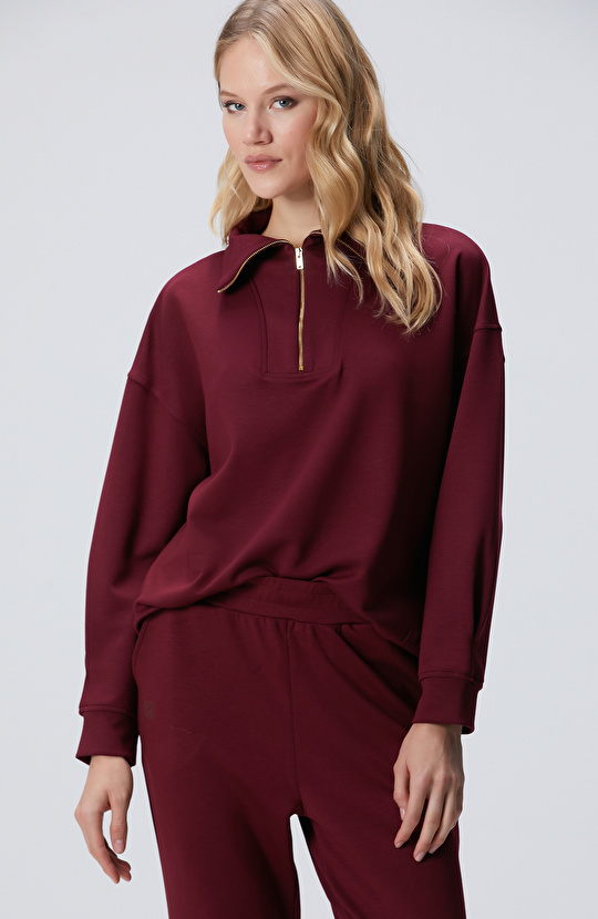 Bordo Dik Yaka Fermuarlı Sweatshirt