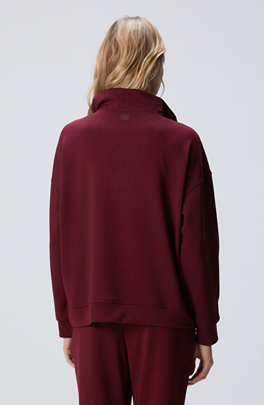 Bordo Dik Yaka Fermuarlı Sweatshirt