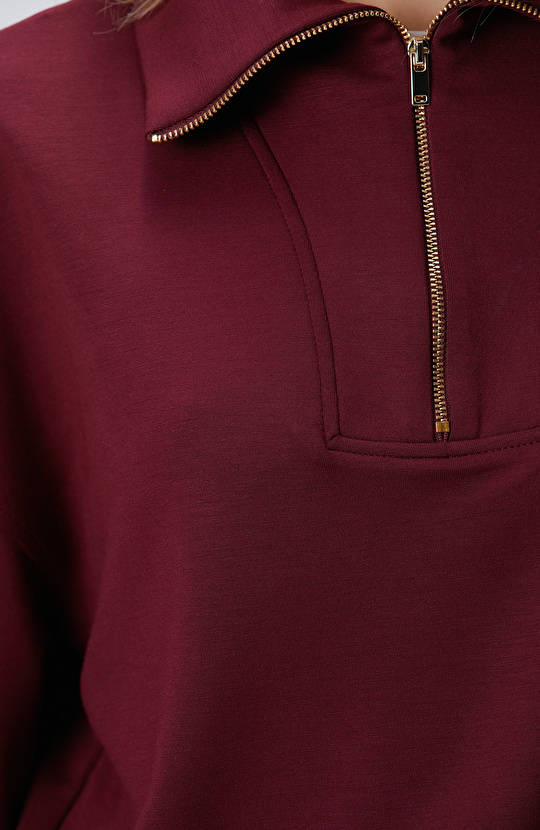 Bordo Dik Yaka Fermuarlı Sweatshirt