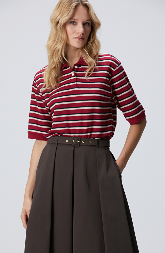 Kırmızı Yarım Kol Çizgili Pike Polo Sweatshirt Kırmızı Yarım Kol Çizgili Pike Polo Sweatshirt