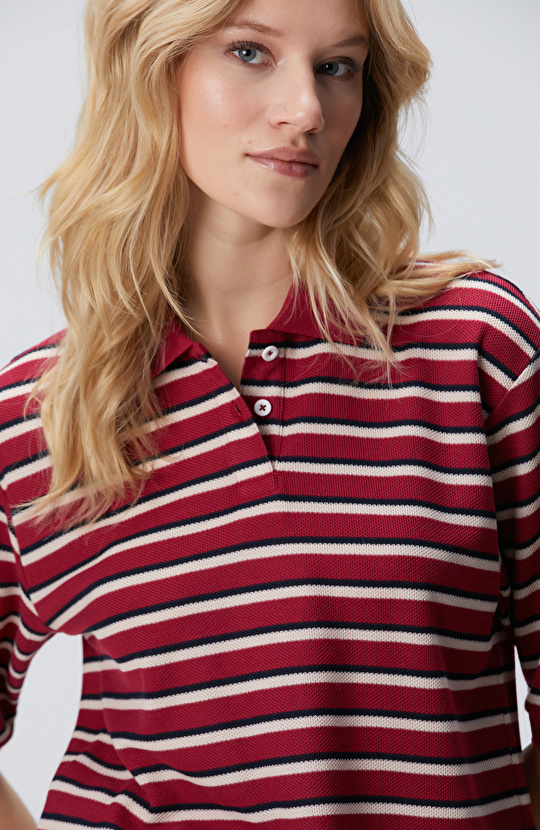 Kırmızı Yarım Kol Çizgili Pike Polo Sweatshirt