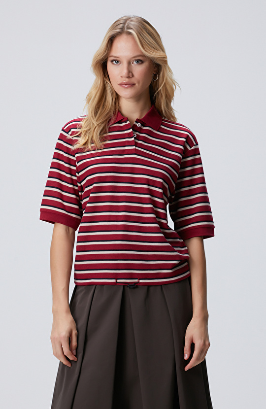 Kırmızı Yarım Kol Çizgili Pike Polo Sweatshirt