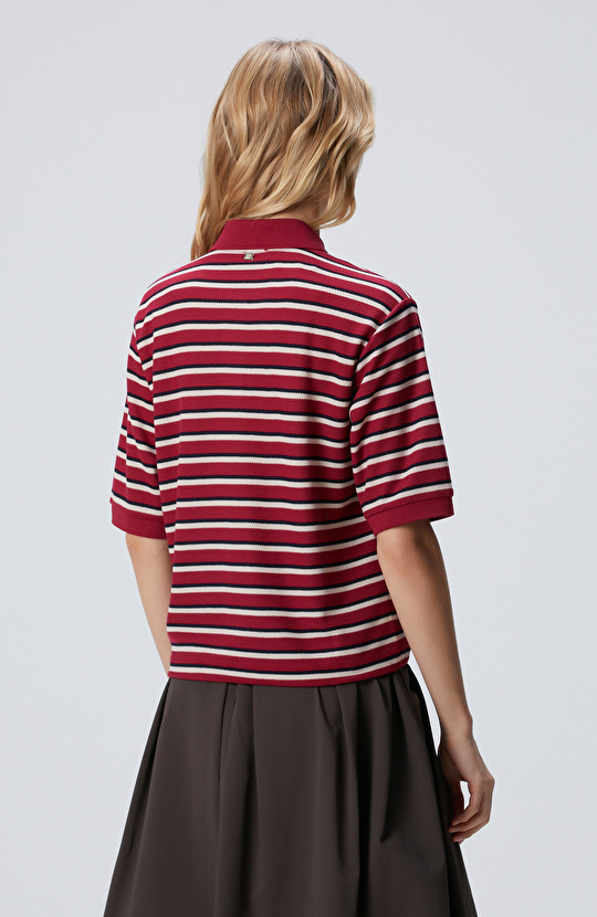 Kırmızı Yarım Kol Çizgili Pike Polo Sweatshirt