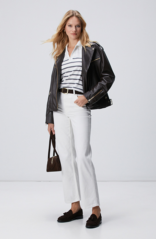 Kırık Beyaz Çizgili Düğmesiz Sweatshirt