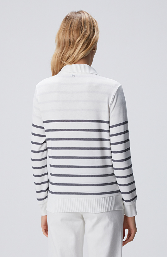 Kırık Beyaz Çizgili Düğmesiz Sweatshirt