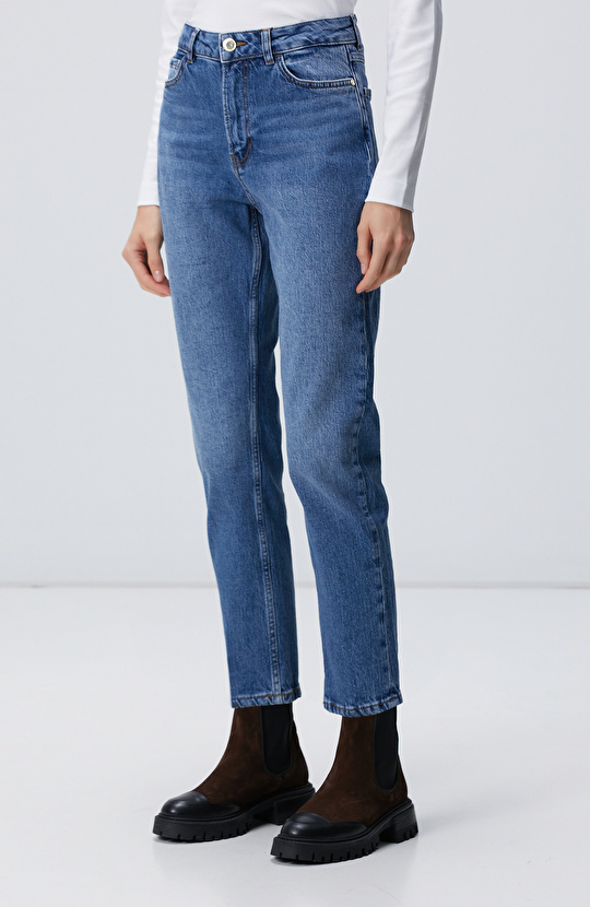 Koyu Mavi Mom Fit Denim Pantolon