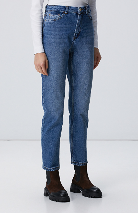Koyu Mavi Mom Fit Denim Pantolon