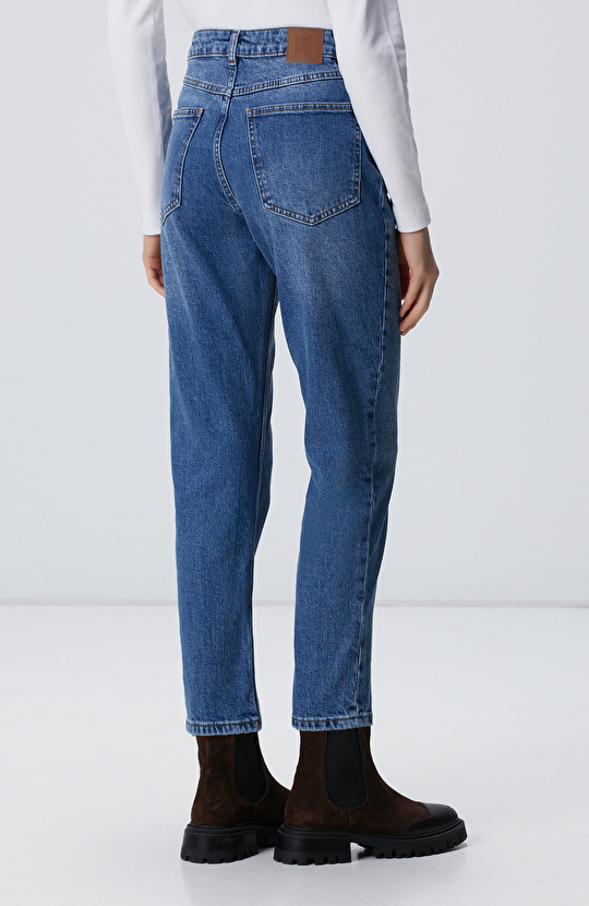 Koyu Mavi Mom Fit Denim Pantolon