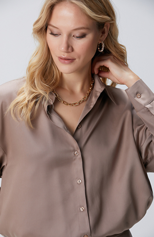 Vizon Beli Büzgülü Tencel Gömlek