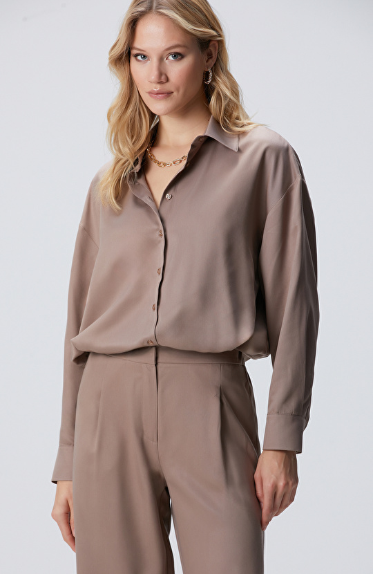 Vizon Beli Büzgülü Tencel Gömlek