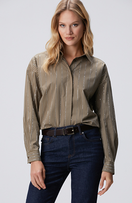 Koyu Haki Çizgi Desenli Oversize Gömlek