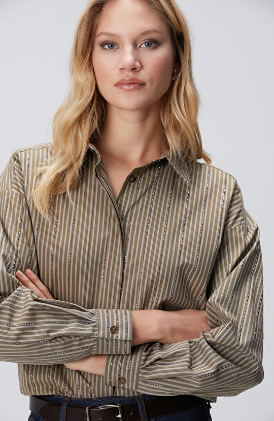 Koyu Haki Çizgi Desenli Oversize Gömlek