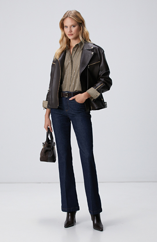 Koyu Haki Çizgi Desenli Oversize Gömlek