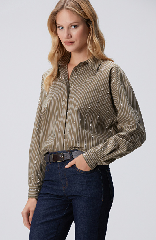 Koyu Haki Çizgi Desenli Oversize Gömlek