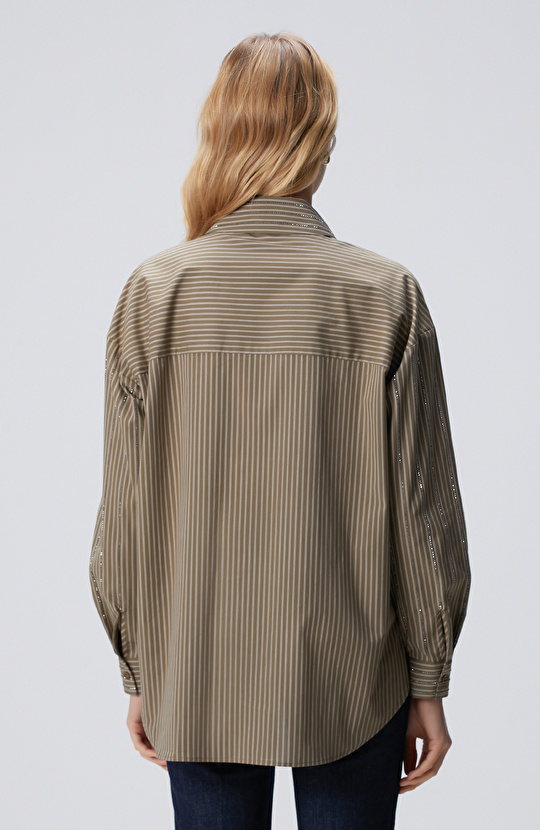 Koyu Haki Çizgi Desenli Oversize Gömlek
