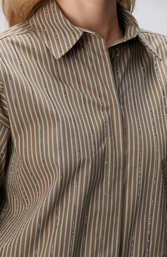 Koyu Haki Çizgi Desenli Oversize Gömlek