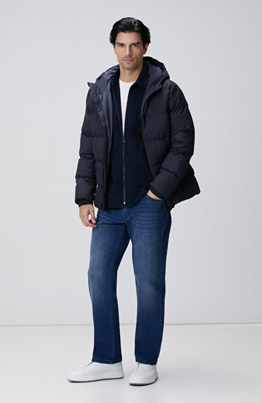 Lacivert Kapüşonlu Puffer Mont