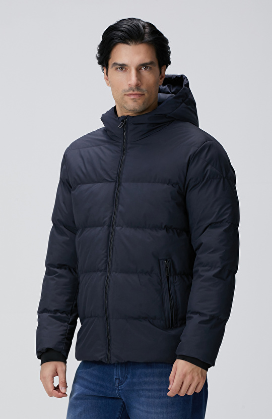 Lacivert Kapüşonlu Puffer Mont
