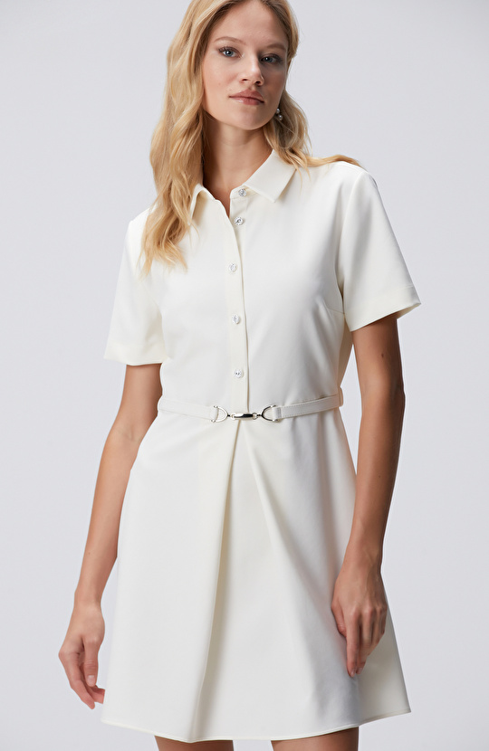 Kırık Beyaz Düğme Detaylı Mini Elbise