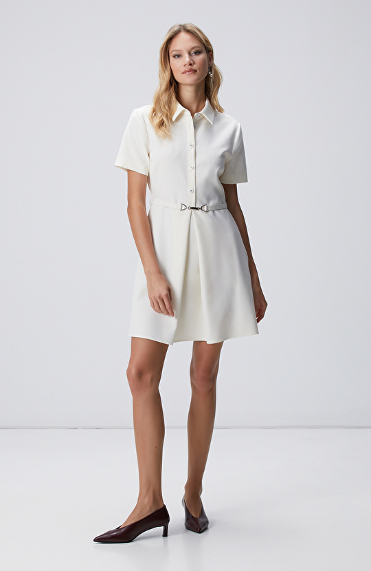 Kırık Beyaz Düğme Detaylı Mini Elbise