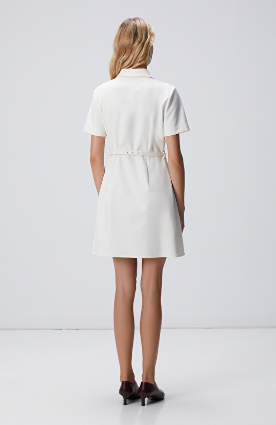 Kırık Beyaz Düğme Detaylı Mini Elbise