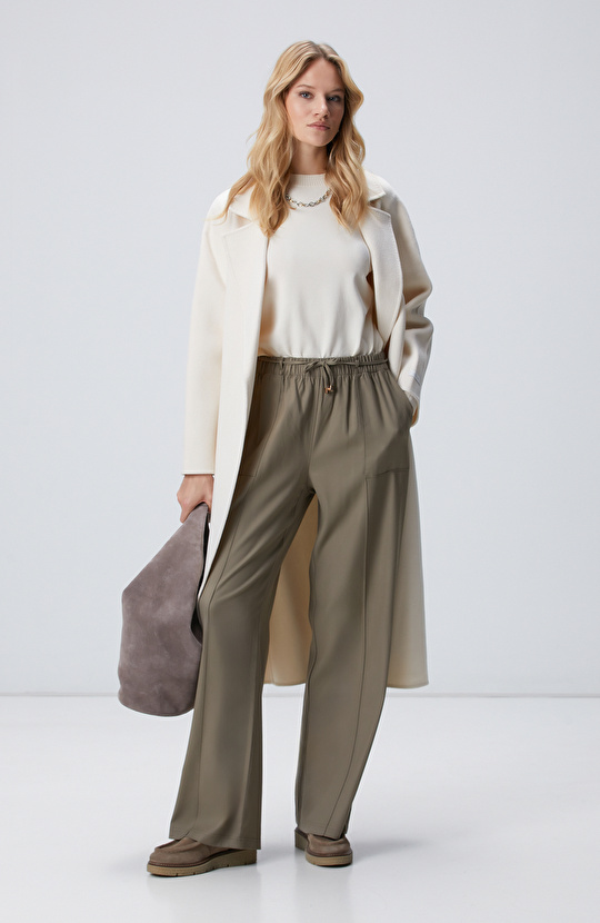 Haki İnce Diyagonal Desenli Tencel Pantolon