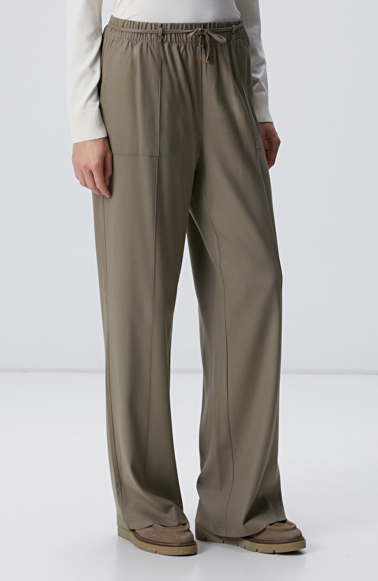 Haki İnce Diyagonal Desenli Tencel Pantolon