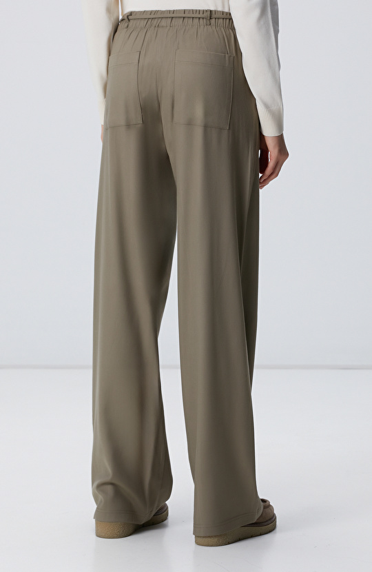 Haki İnce Diyagonal Desenli Tencel Pantolon