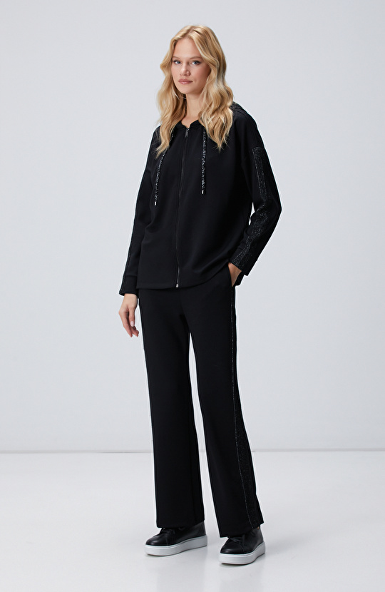 Siyah Beli Kordonlu Triko Garnili Eşofman Altı