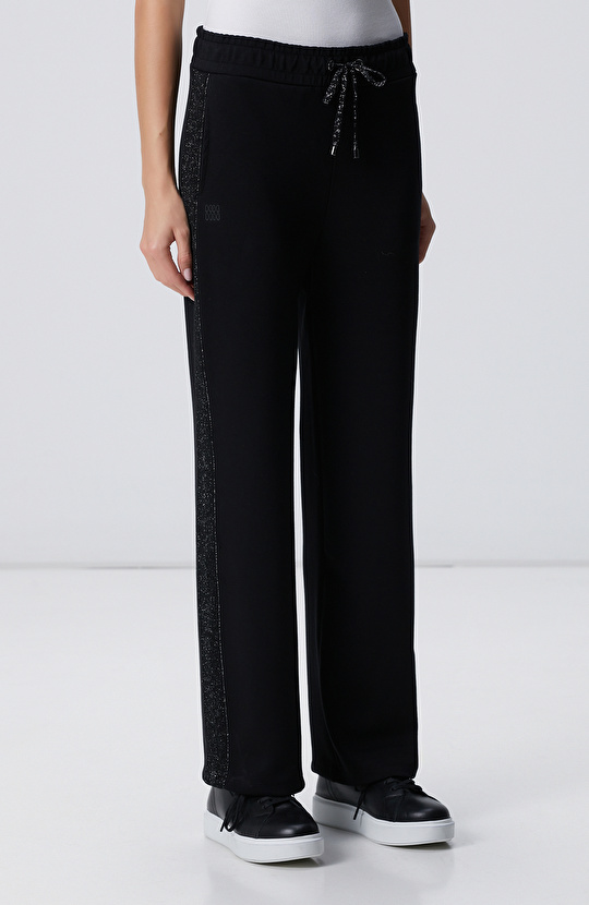 Siyah Beli Kordonlu Triko Garnili Eşofman Altı