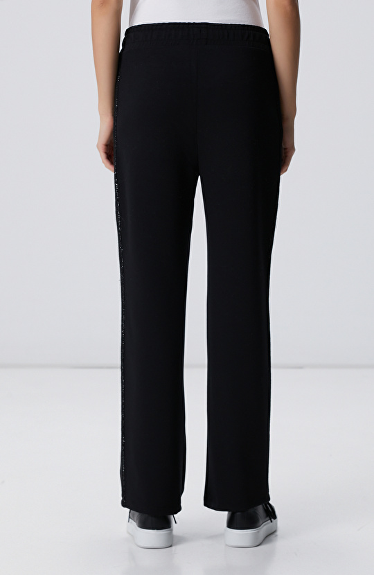 Siyah Beli Kordonlu Triko Garnili Eşofman Altı