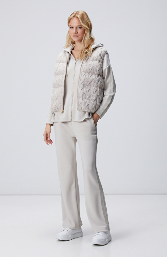 Bej Beli Kordonlu Triko Garnili Eşofman Altı