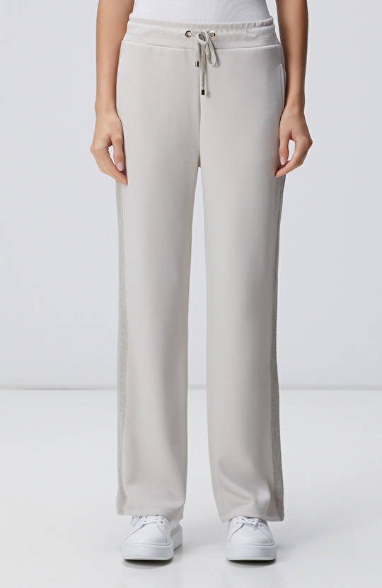 Bej Beli Kordonlu Triko Garnili Eşofman Altı