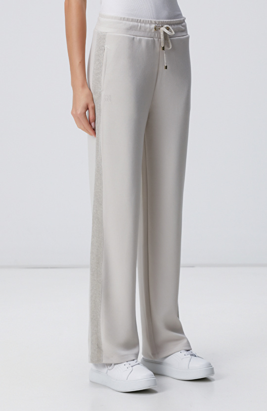 Bej Beli Kordonlu Triko Garnili Eşofman Altı