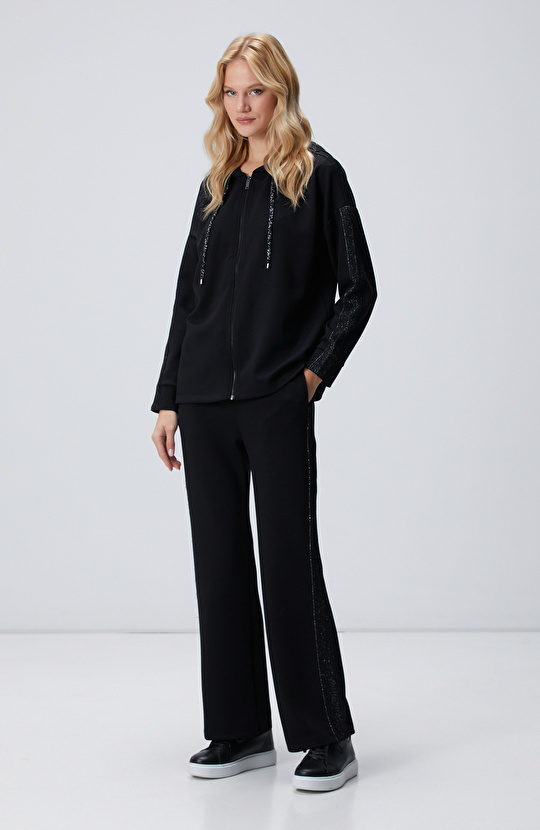 Siyah Kapüşonlu Triko Garnili Sweatshirt