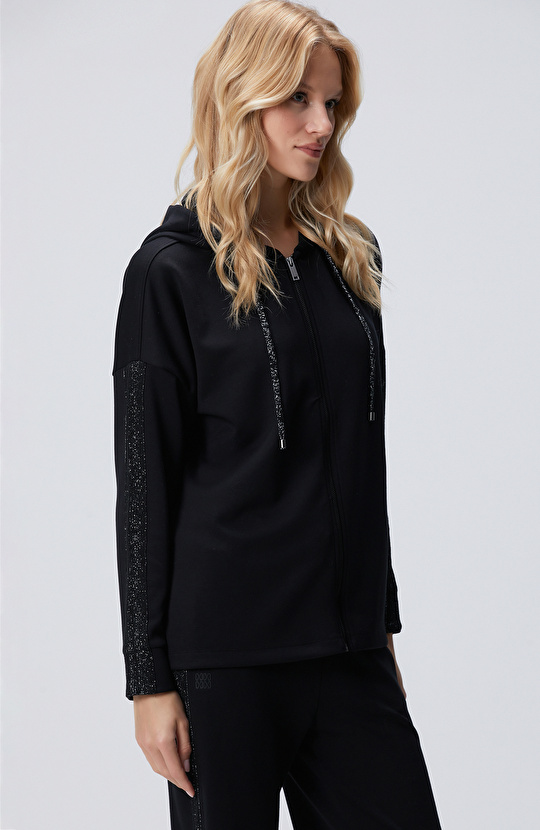 Siyah Kapüşonlu Triko Garnili Sweatshirt