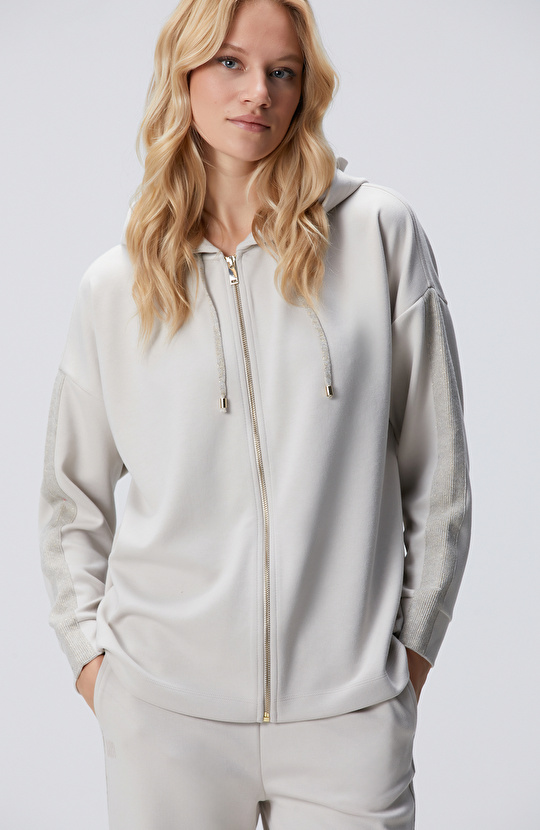 Bej Kapüşonlu Triko Garnili Sweatshirt