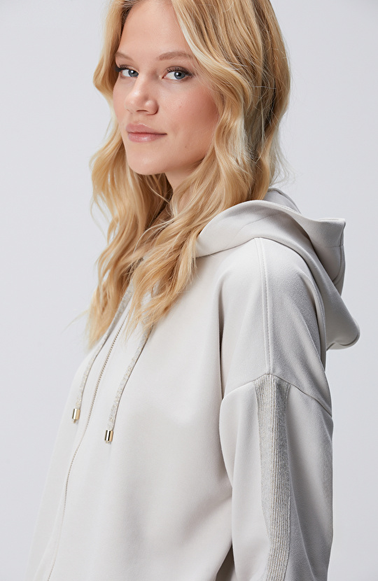 Bej Kapüşonlu Triko Garnili Sweatshirt
