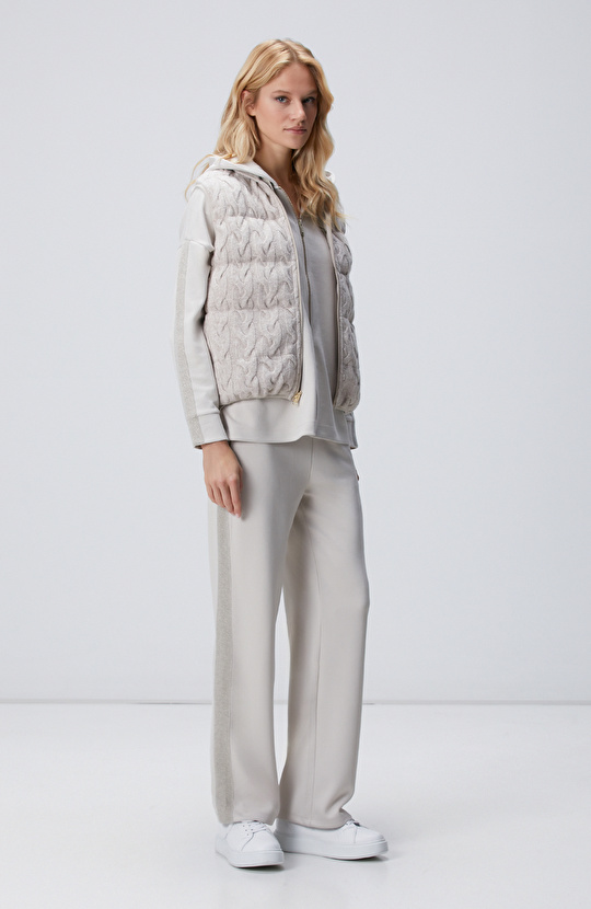 Bej Kapüşonlu Triko Garnili Sweatshirt