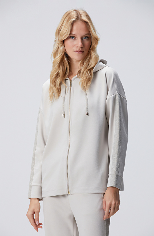 Bej Kapüşonlu Triko Garnili Sweatshirt