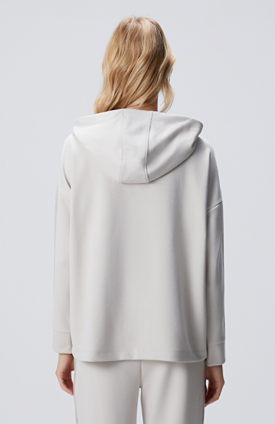 Bej Kapüşonlu Triko Garnili Sweatshirt