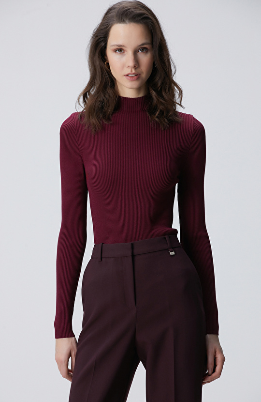 Bordo İnce Ribana Örgü Kazak