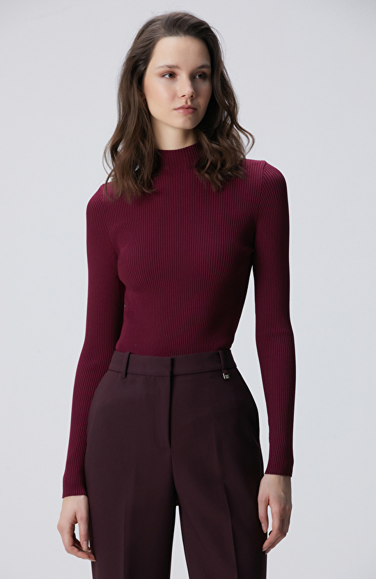 Bordo İnce Ribana Örgü Kazak