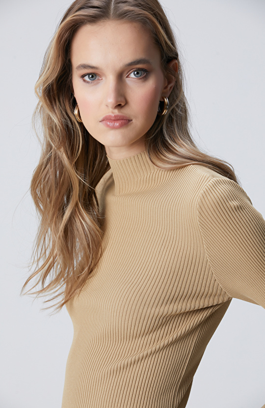 Camel İnce Ribana Örgü Dik Yaka Rayon Basic Kazak