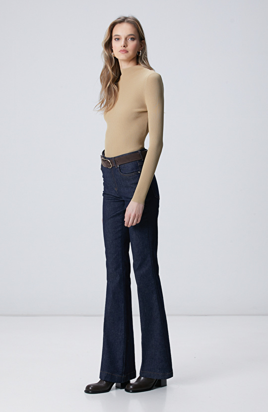 Camel İnce Ribana Örgü Dik Yaka Rayon Basic Kazak