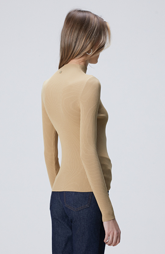 Camel İnce Ribana Örgü Dik Yaka Rayon Basic Kazak