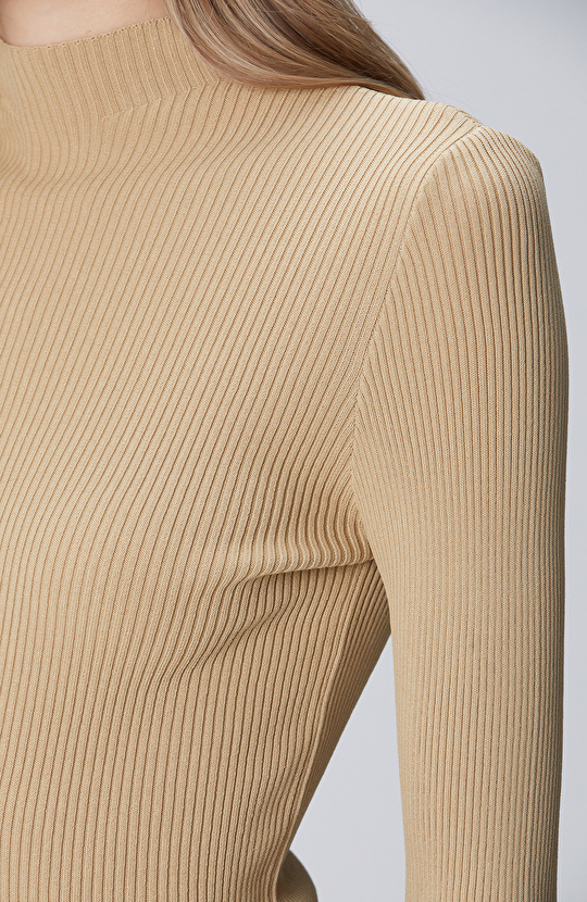 Camel İnce Ribana Örgü Dik Yaka Rayon Basic Kazak